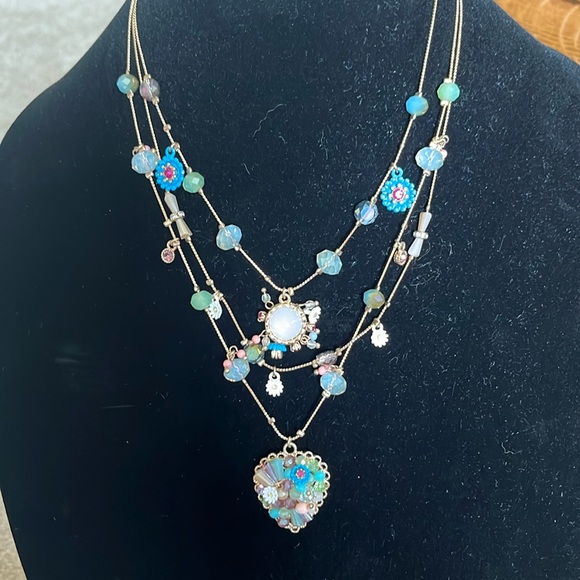 Betsey Johnson Woven MixedMulti-Colored Bead FlowerHeart Illusion Necklace NWT - Picture 1 of 8